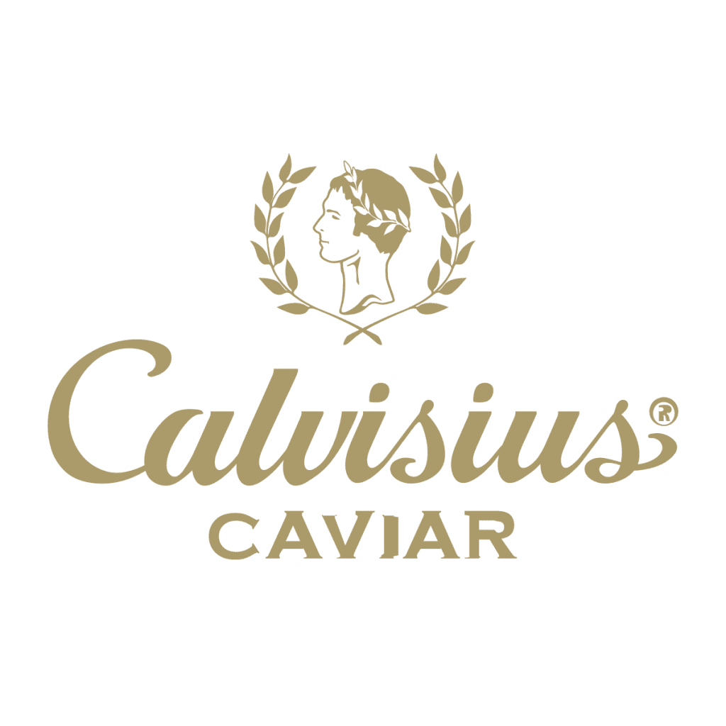 calvisius caviar logo in gold with grey backdrop