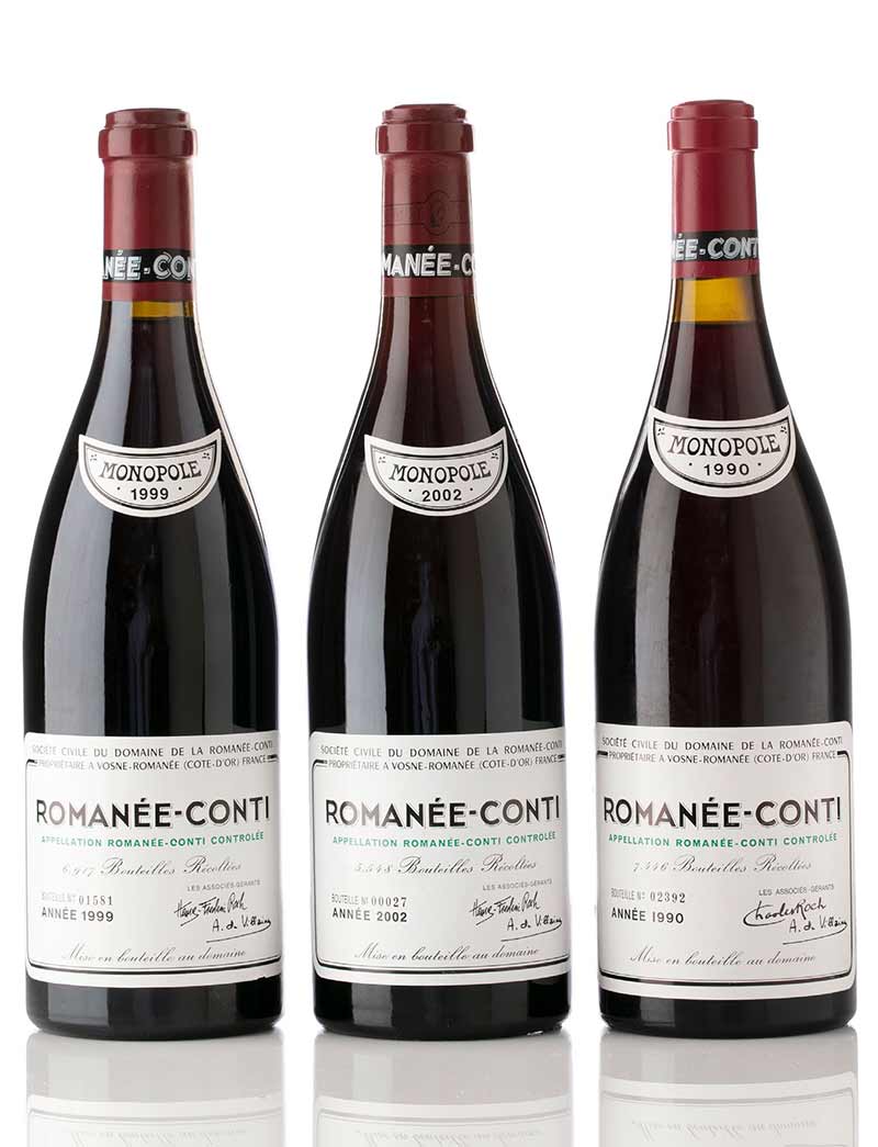 Lots 112, 115 & 118: 1 bottle each 1990, 1999 & 2002 DRC Romanee Conti