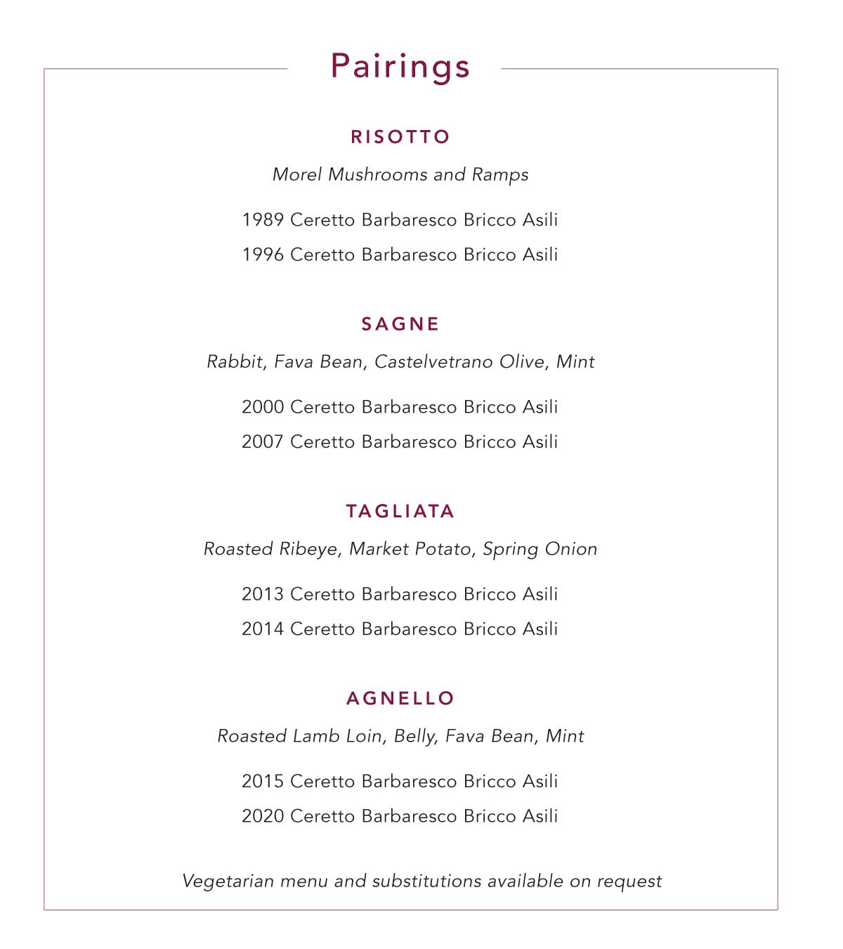 wine pairings for ceretto dinner